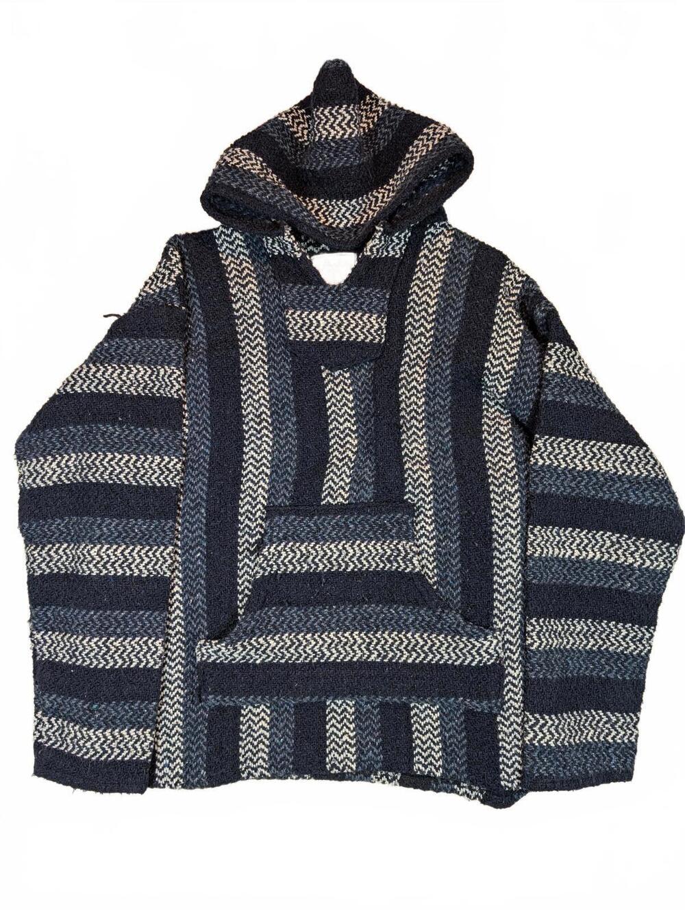 Baja Joe Striped Baja Hoodie Drug Rug Pullover Surf Skater Mens Large Blue